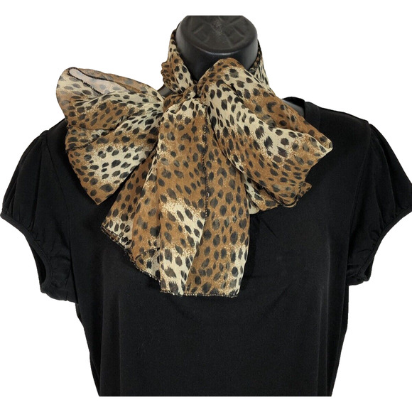 Long Animal Leopard Print Scarf, Brown and Black Sheer Rectangle Retro Pinup - Picture 1 of 7